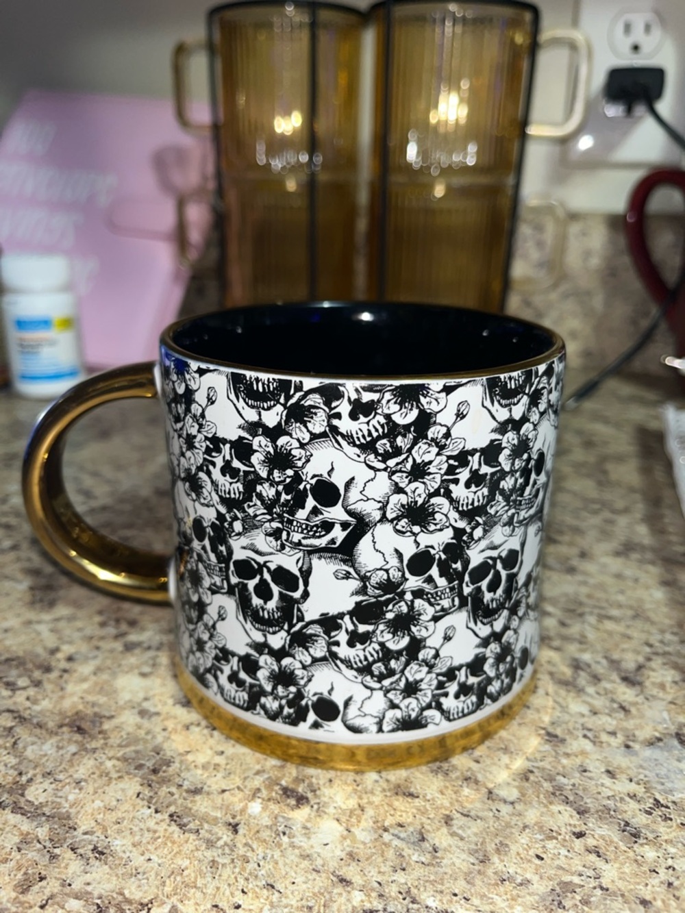 Gold-Accented Black & White Skull Floral Ceramic Mug